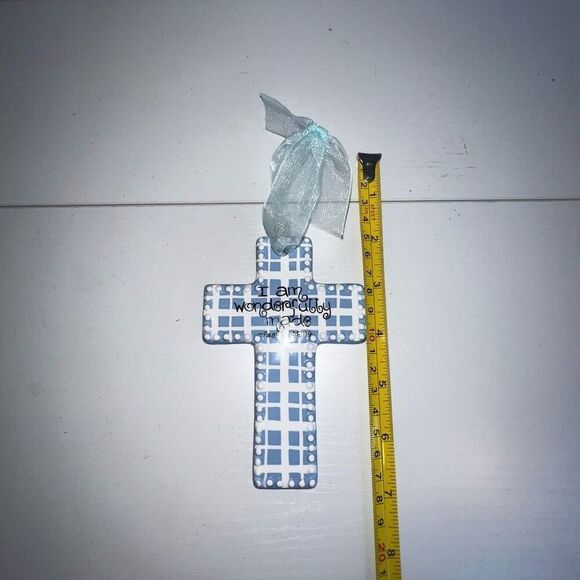 Sue Berk Designs Ceramic Glazed Cross Blue White I Am Wonderfully Made Baby Gift - Picture 3 of 6
